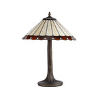 NLK02729 Umbrian 2 Light Curved Table Lamp With 40cm Tiffany Shade Amber/Chrome/Crystal/Aged Antique Brass