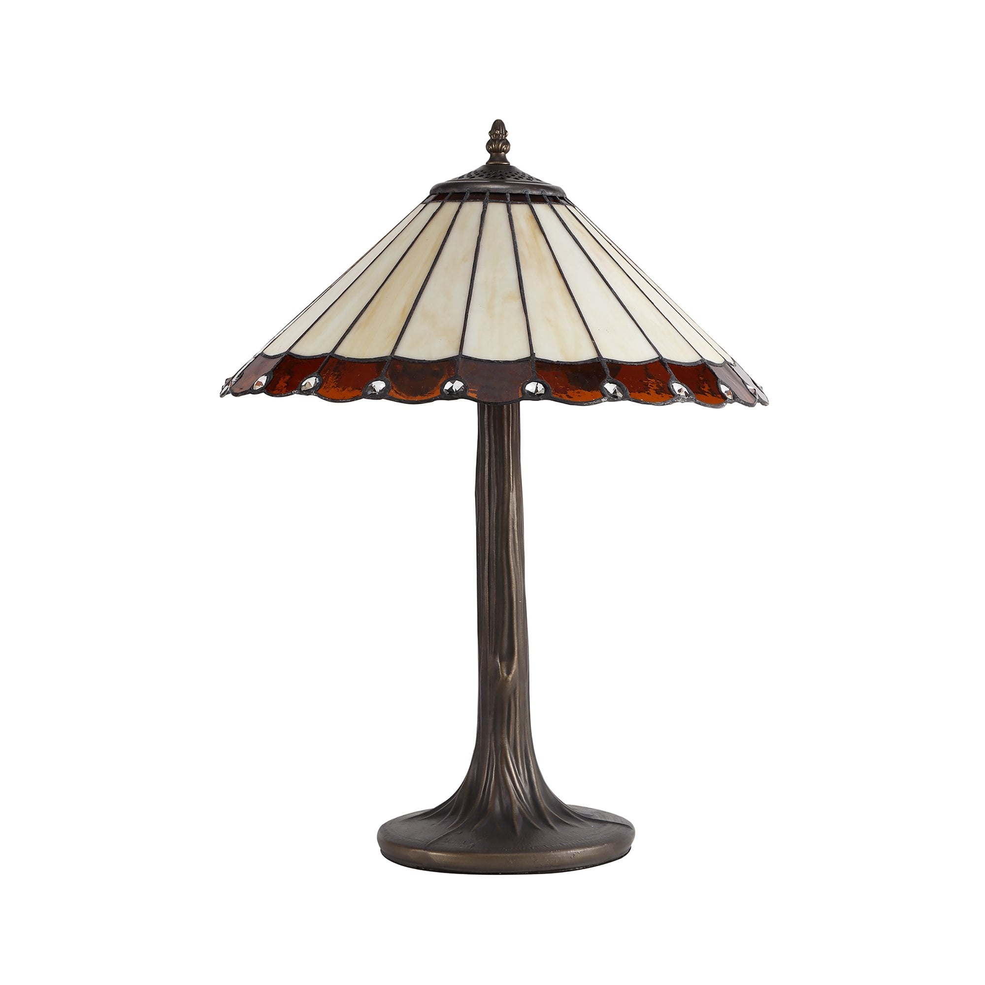 NLK02729 Umbrian 2 Light Curved Table Lamp With 40cm Tiffany Shade Amber/Chrome/Crystal/Aged Antique Brass