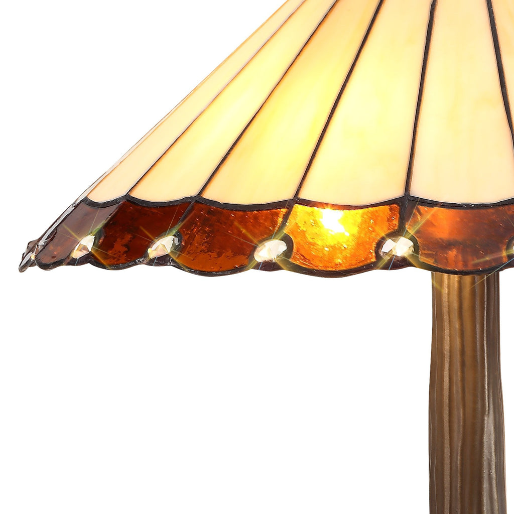 NLK02729 Umbrian 2 Light Curved Table Lamp With 40cm Tiffany Shade Amber/Chrome/Crystal/Aged Antique Brass