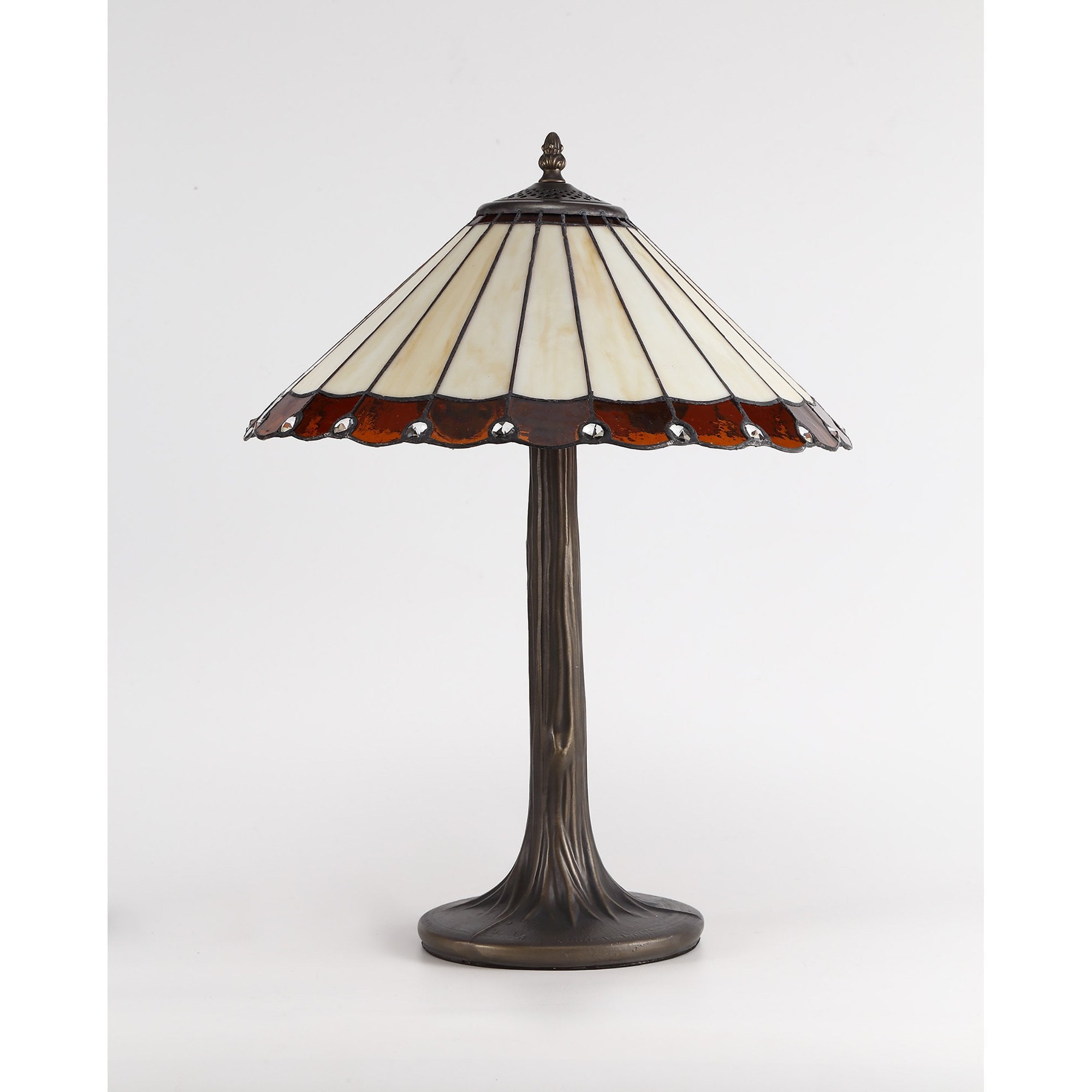 NLK02729 Umbrian 2 Light Curved Table Lamp With 40cm Tiffany Shade Amber/Chrome/Crystal/Aged Antique Brass