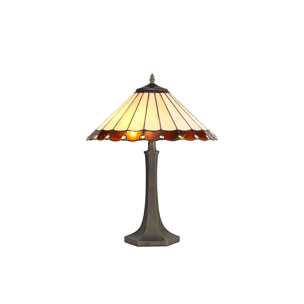 NLK02739 Umbrian 2 Light Octagonal Table Lamp With 40cm Tiffany Shade Amber/Chrome/Crystal/Aged Antique Brass