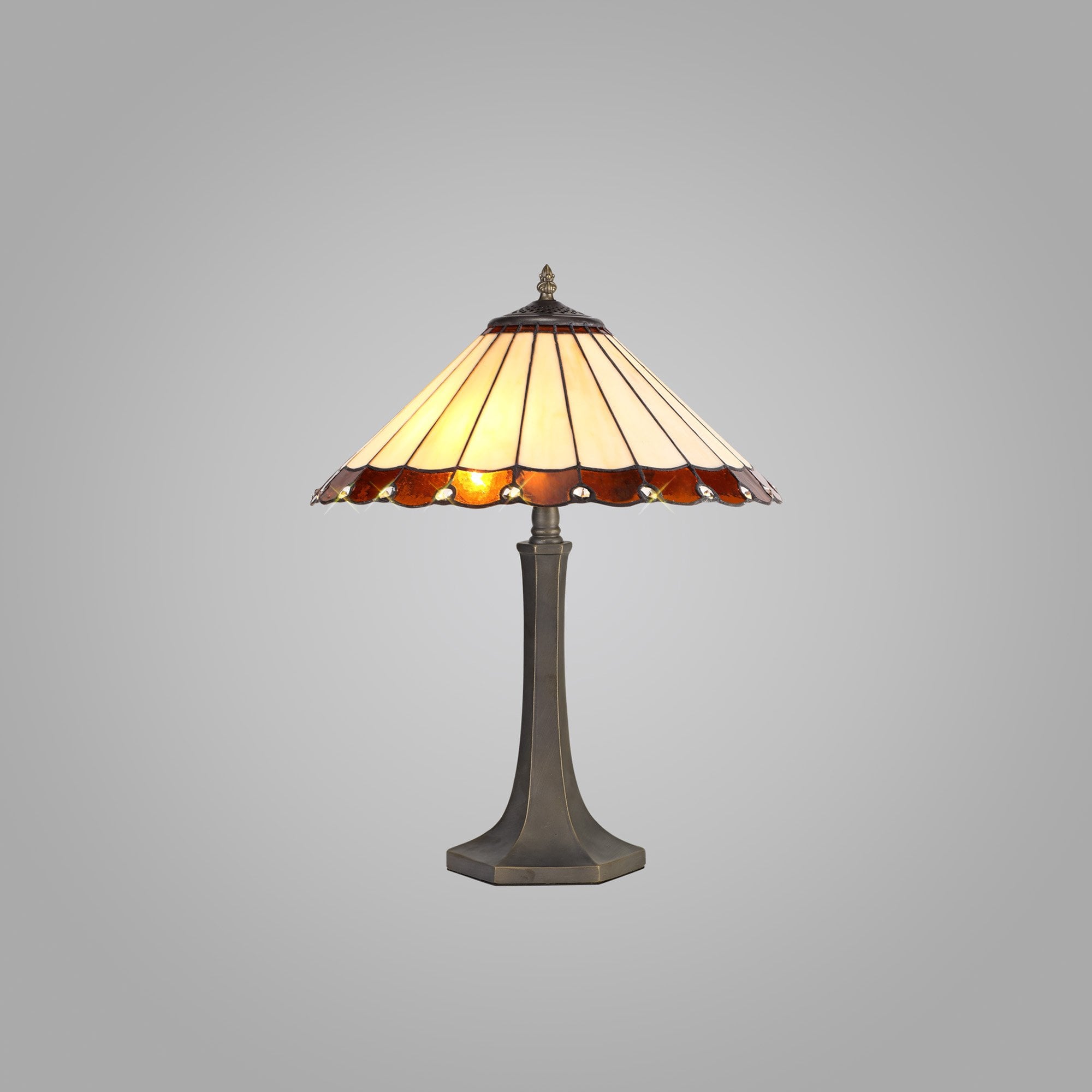 NLK02739 Umbrian 2 Light Octagonal Table Lamp With 40cm Tiffany Shade Amber/Chrome/Crystal/Aged Antique Brass