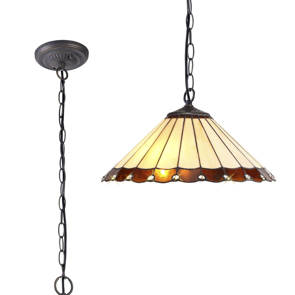 NLK02749 Umbrian 1 Light Down Lighter Pendant With 40cm Tiffany Shade Amber/Chrome/Crystal/Aged Antique Brass