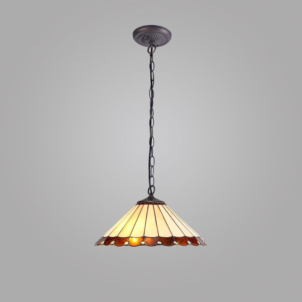 NLK02749 Umbrian 1 Light Down Lighter Pendant With 40cm Tiffany Shade Amber/Chrome/Crystal/Aged Antique Brass