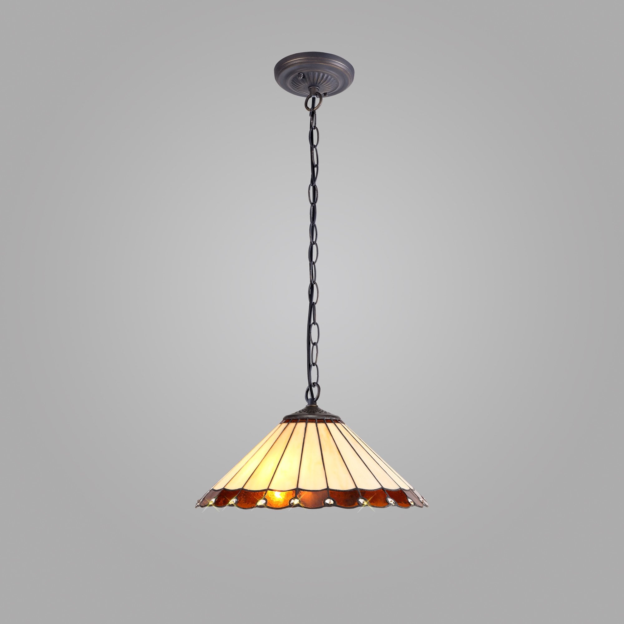 NLK02749 Umbrian 1 Light Down Lighter Pendant With 40cm Tiffany Shade Amber/Chrome/Crystal/Aged Antique Brass