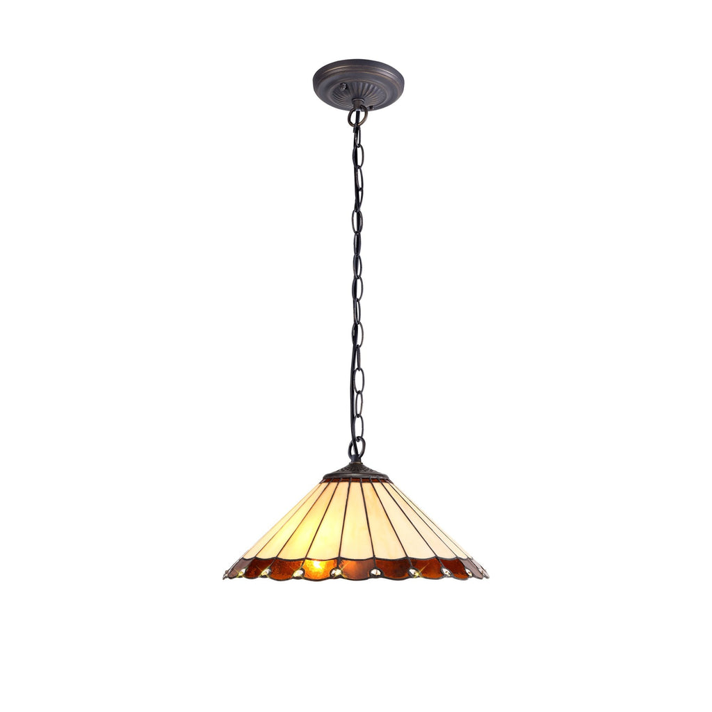 NLK02749 Umbrian 1 Light Down Lighter Pendant With 40cm Tiffany Shade Amber/Chrome/Crystal/Aged Antique Brass