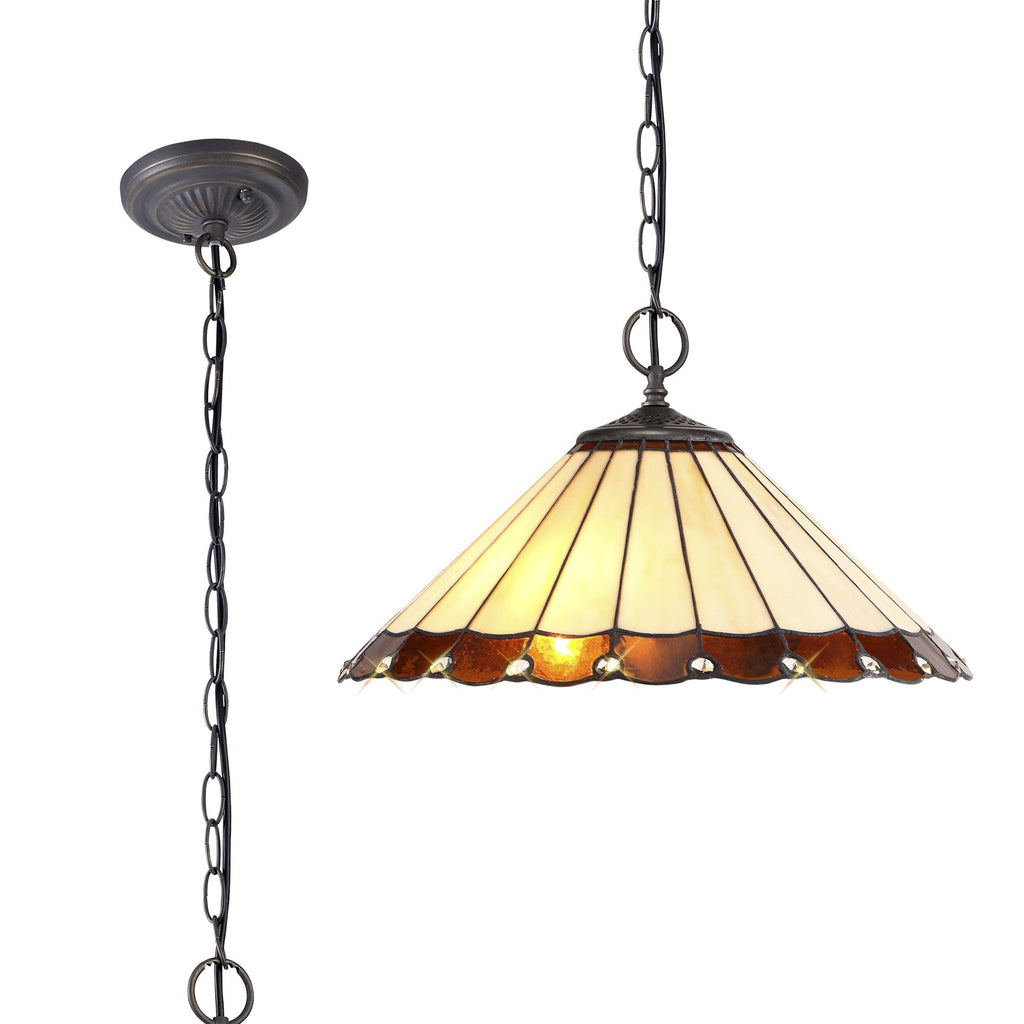 NLK02759 Umbrian 2 Light Down Lighter Pendant With 40cm Tiffany Shade Amber/Chrome/Crystal/Aged Antique Brass