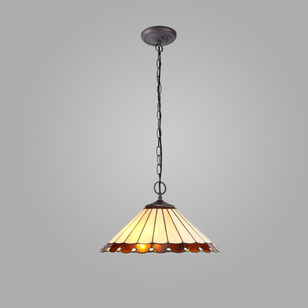 NLK02759 Umbrian 2 Light Down Lighter Pendant With 40cm Tiffany Shade Amber/Chrome/Crystal/Aged Antique Brass