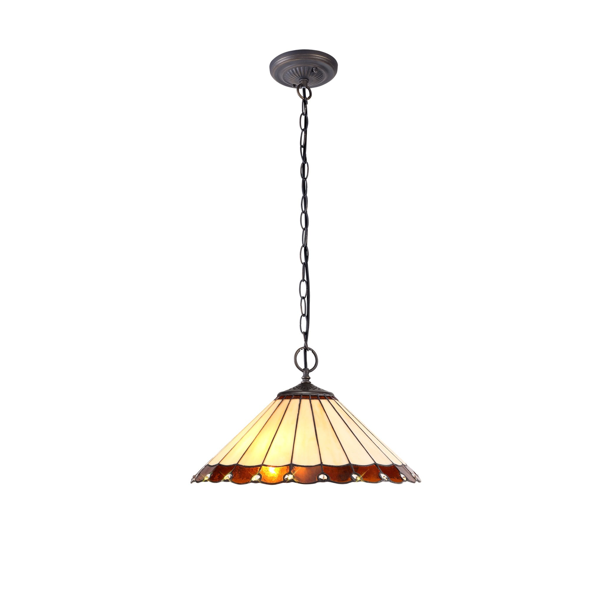 NLK02759 Umbrian 2 Light Down Lighter Pendant With 40cm Tiffany Shade Amber/Chrome/Crystal/Aged Antique Brass