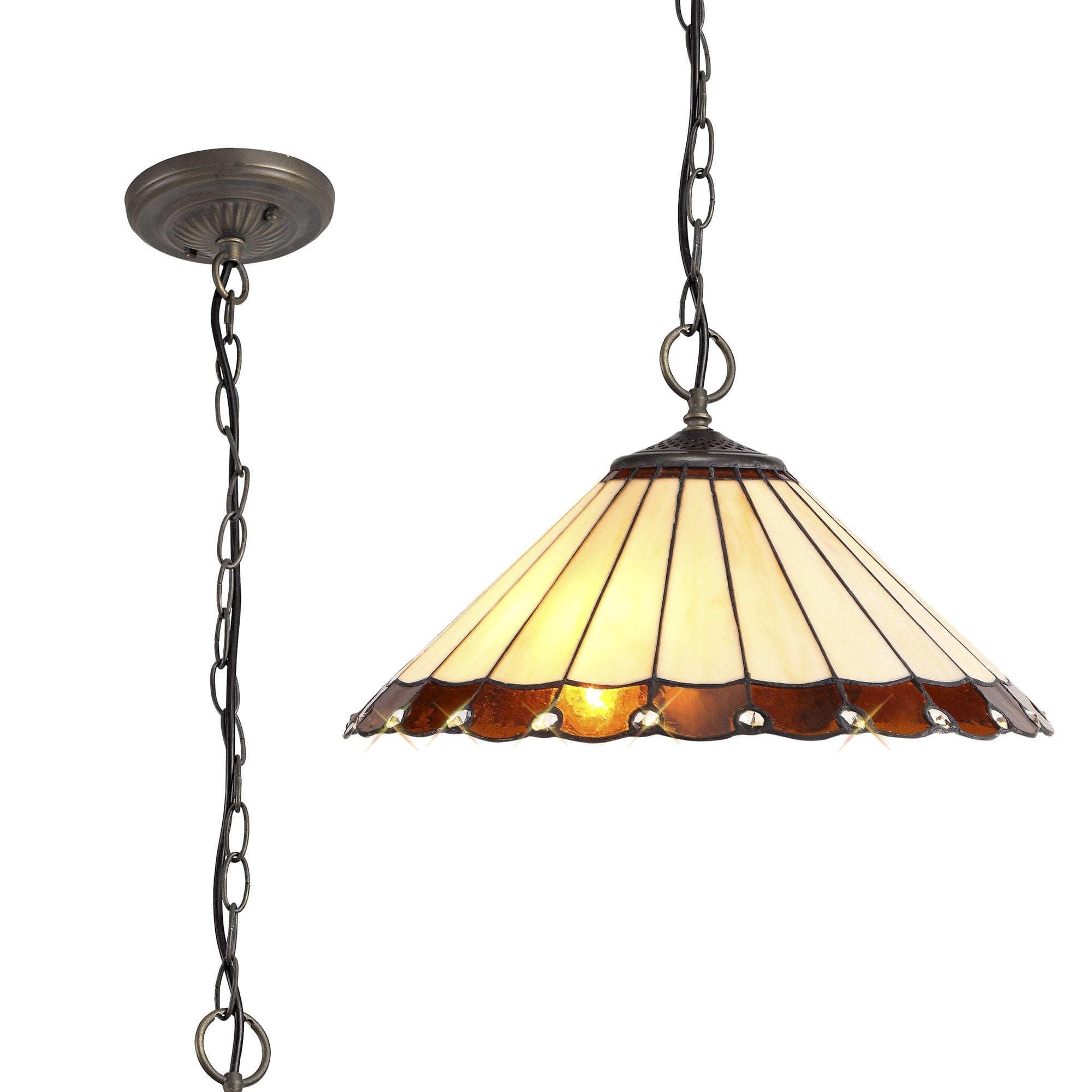 NLK02769 Umbrian 3 Light Down Lighter Pendant With 40cm Tiffany Shade Amber/Chrome/Crystal/Aged Antique Brass