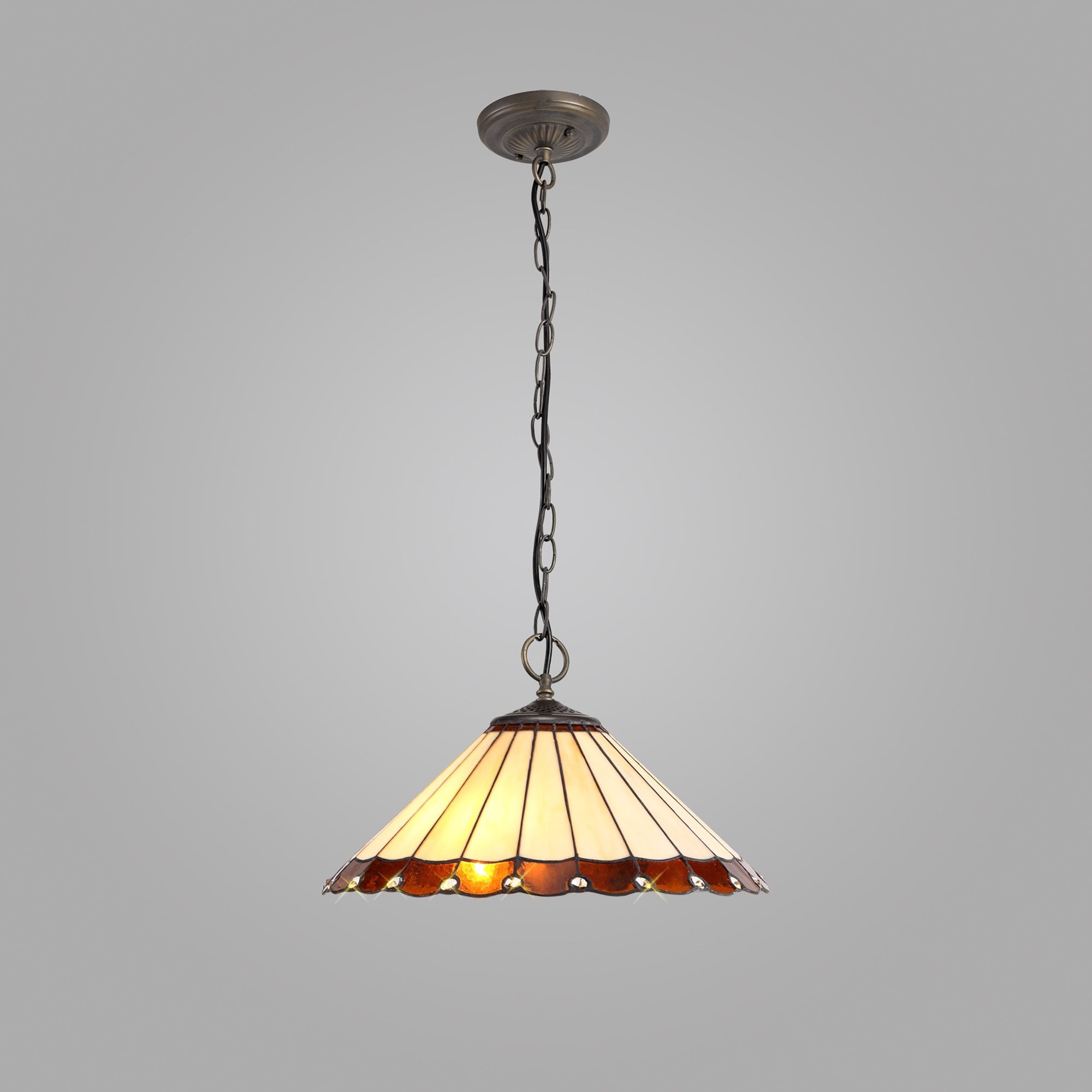 NLK02769 Umbrian 3 Light Down Lighter Pendant With 40cm Tiffany Shade Amber/Chrome/Crystal/Aged Antique Brass