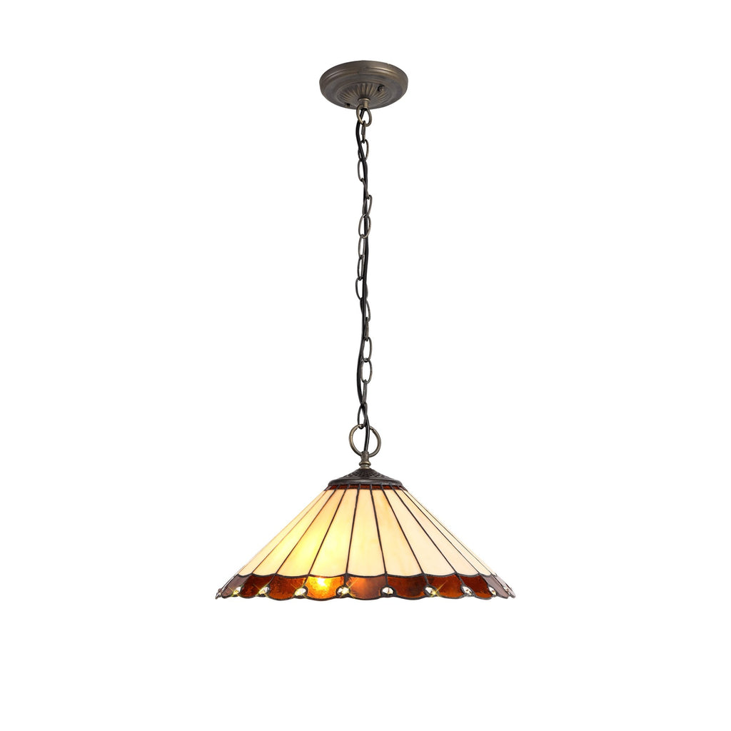 NLK02769 Umbrian 3 Light Down Lighter Pendant With 40cm Tiffany Shade Amber/Chrome/Crystal/Aged Antique Brass