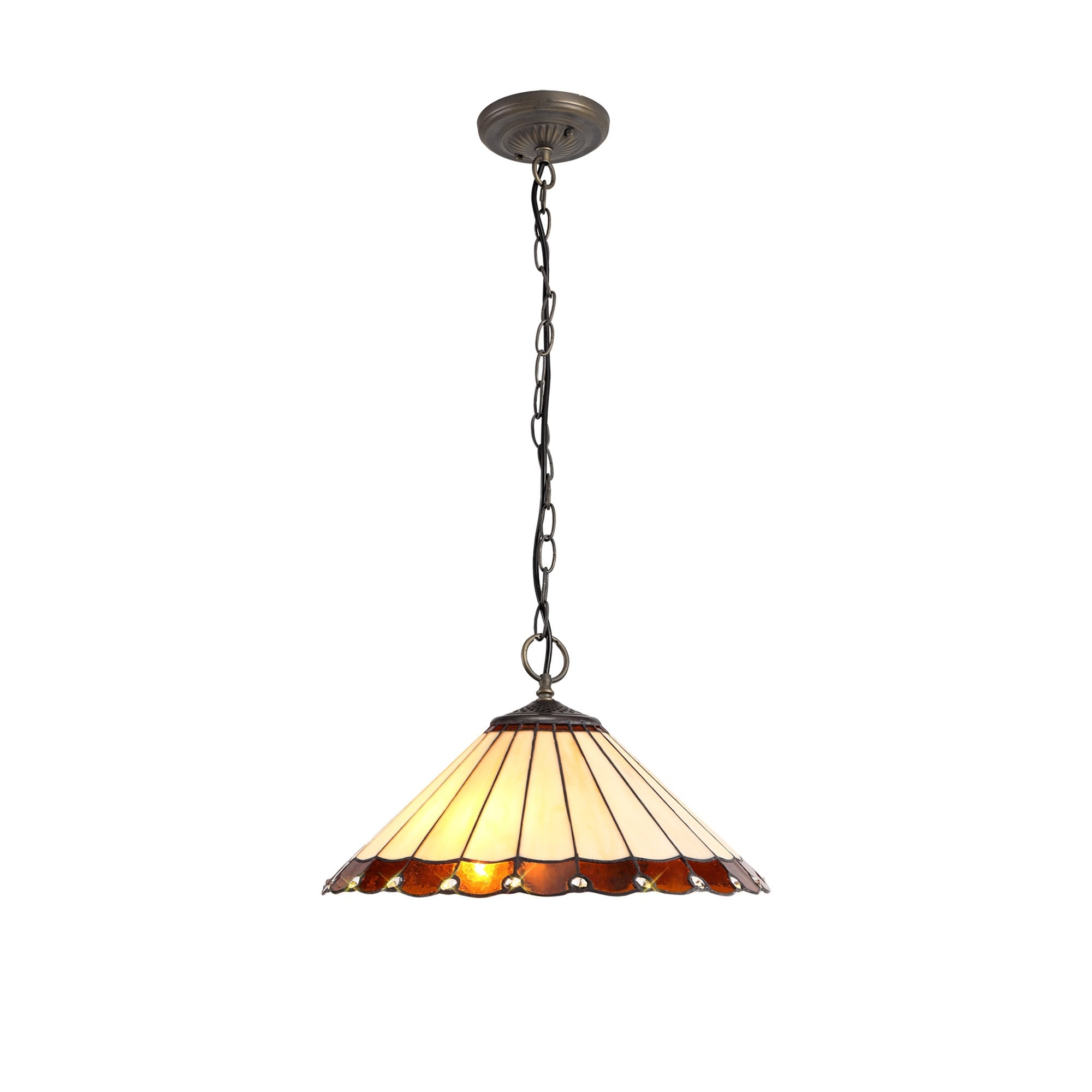 NLK02769 Umbrian 3 Light Down Lighter Pendant With 40cm Tiffany Shade Amber/Chrome/Crystal/Aged Antique Brass