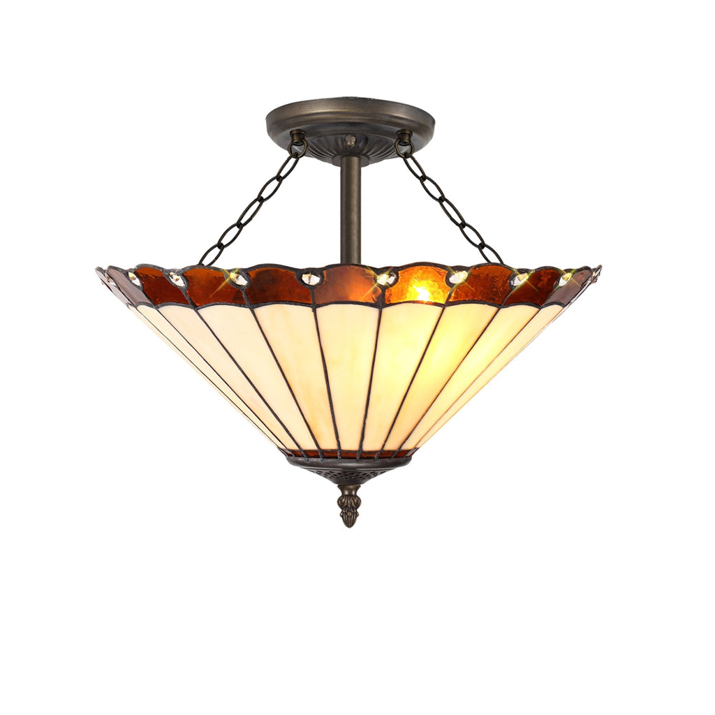 NLK02779 Umbrian 3 Light Semi Ceiling With 40cm Tiffany Shade Amber/Chrome/Crystal/Aged Antique Brass