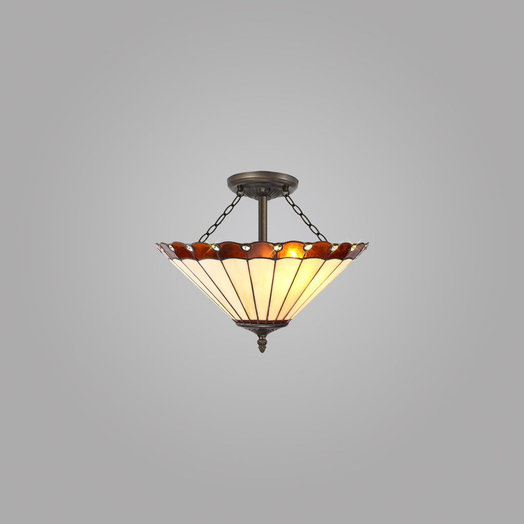 NLK02779 Umbrian 3 Light Semi Ceiling With 40cm Tiffany Shade Amber/Chrome/Crystal/Aged Antique Brass