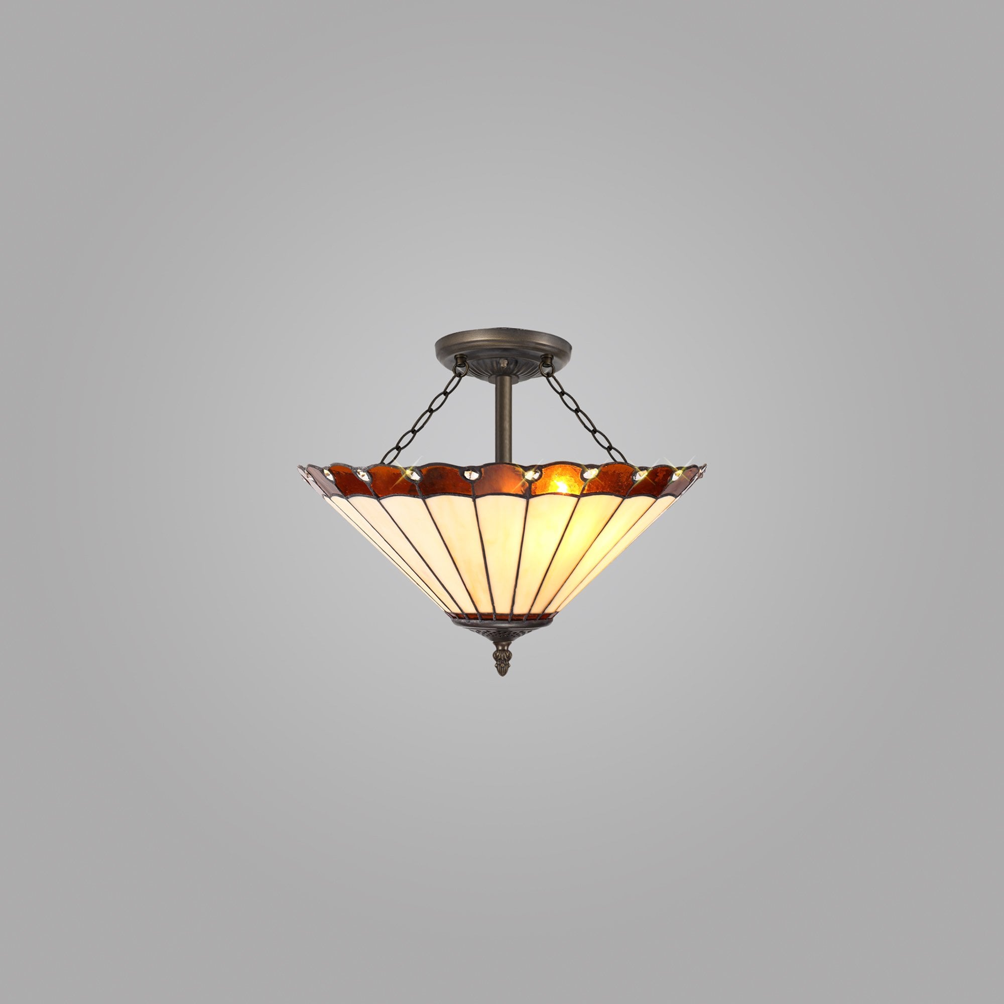 NLK02779 Umbrian 3 Light Semi Ceiling With 40cm Tiffany Shade Amber/Chrome/Crystal/Aged Antique Brass