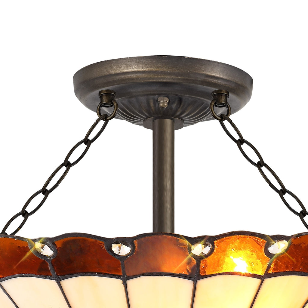 NLK02779 Umbrian 3 Light Semi Ceiling With 40cm Tiffany Shade Amber/Chrome/Crystal/Aged Antique Brass