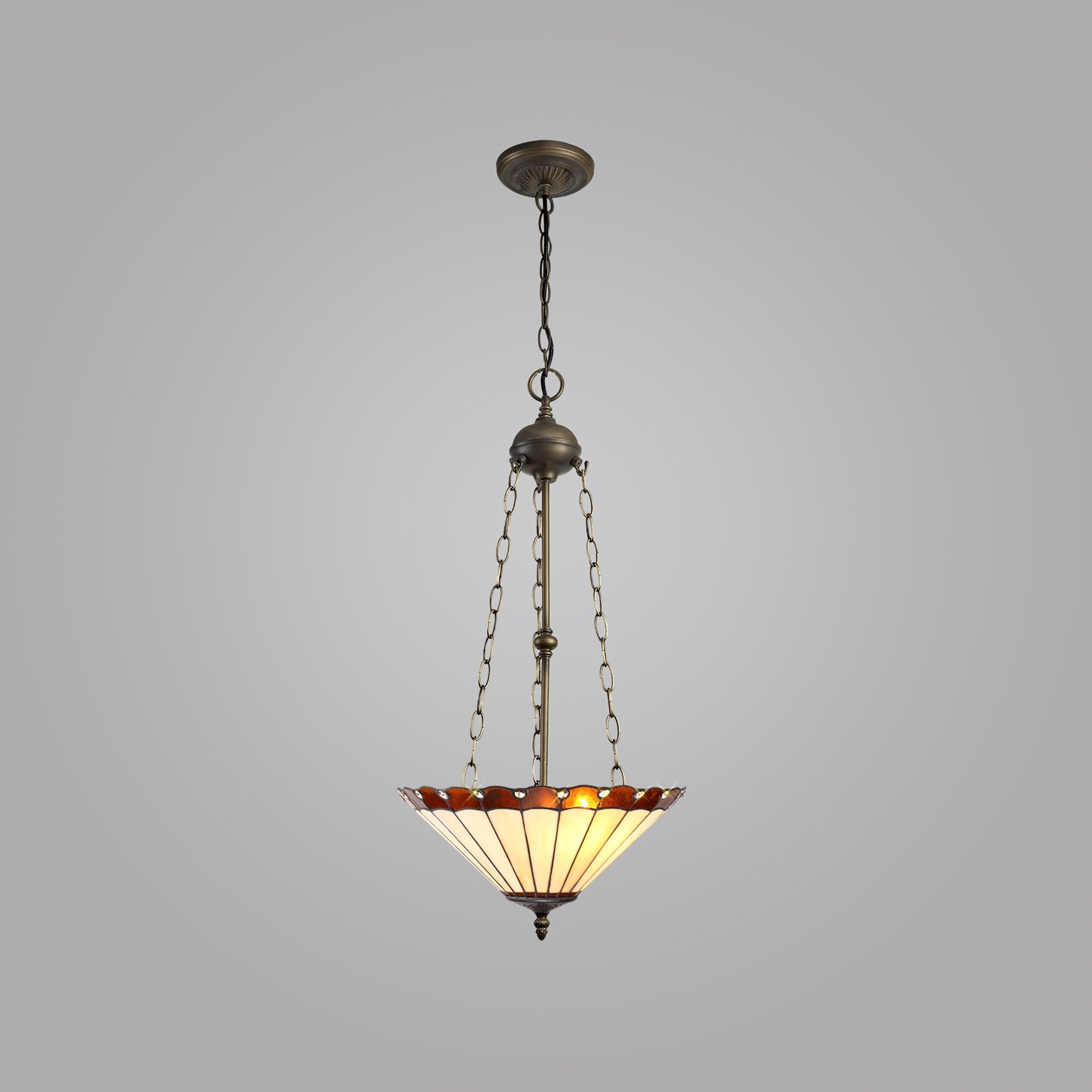 NLK02789 Umbrian 3 Light Up Lighter Pendant With 40cm Tiffany Shade Amber/Chrome/Crystal/Aged Antique Brass
