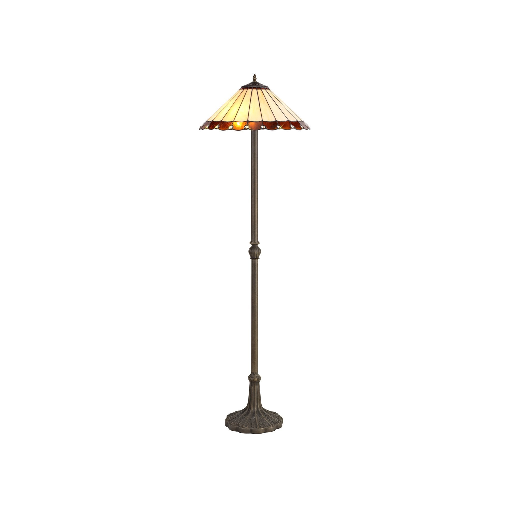 NLK02809 Umbrian 2 Light Leaf Design Floor Lamp With 40cm Tiffany Shade Amber/Chrome/Crystal/Aged Antique Brass