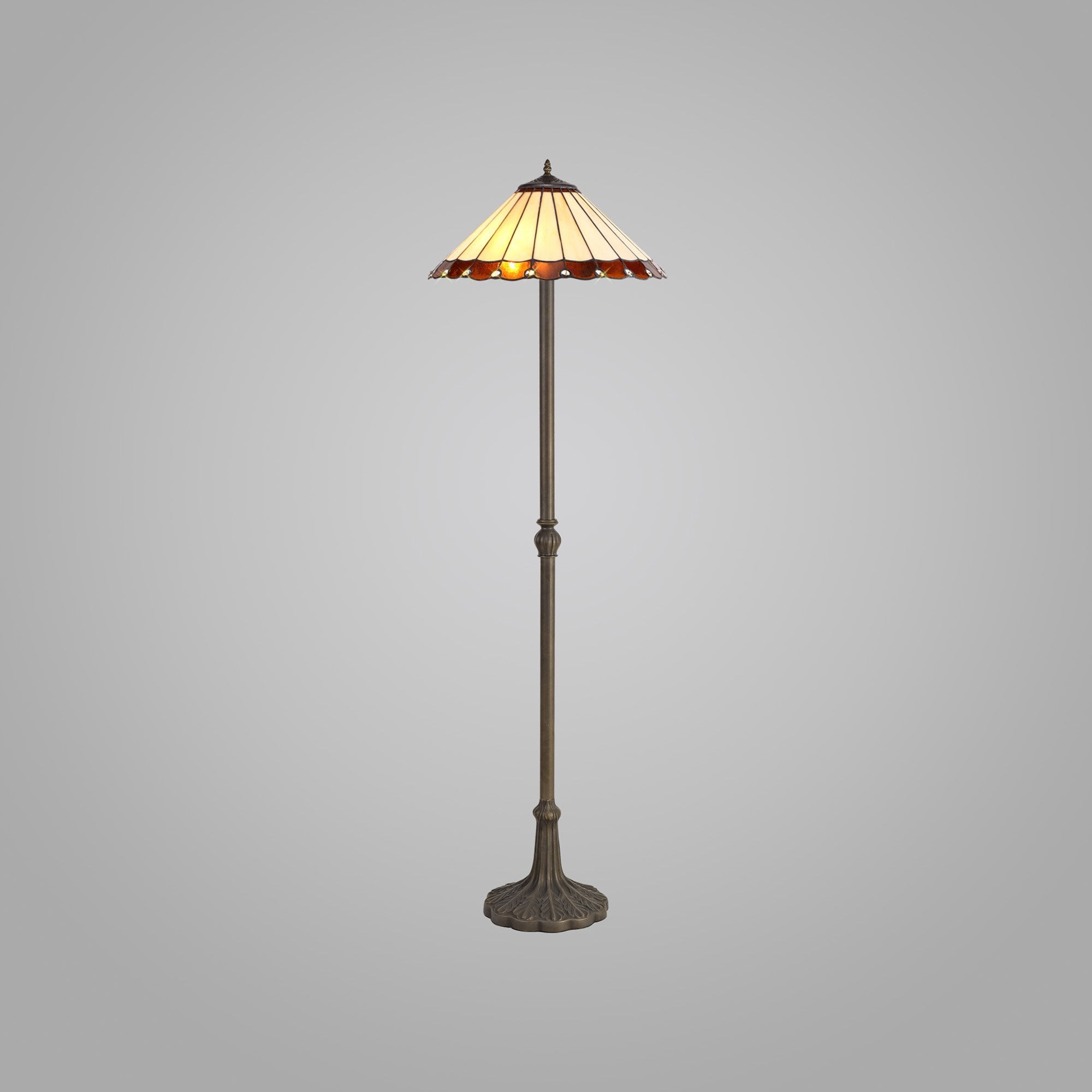 NLK02809 Umbrian 2 Light Leaf Design Floor Lamp With 40cm Tiffany Shade Amber/Chrome/Crystal/Aged Antique Brass