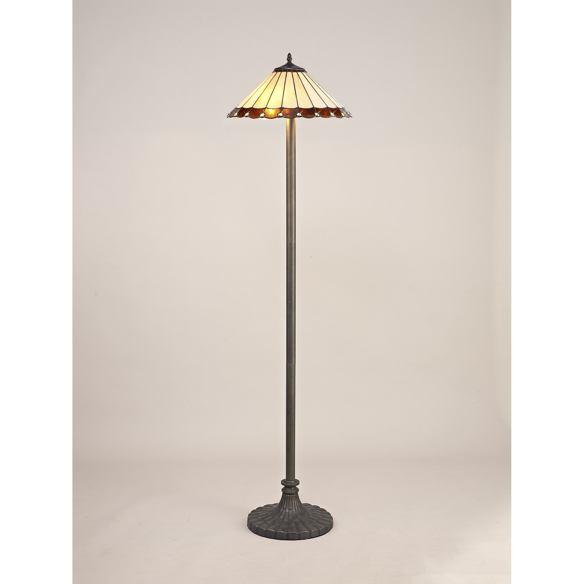 NLK02819 Umbrian 2 Light Stepped Design Floor Lamp With 40cm Tiffany Shade Amber/Chrome/Crystal/Aged Antique Brass