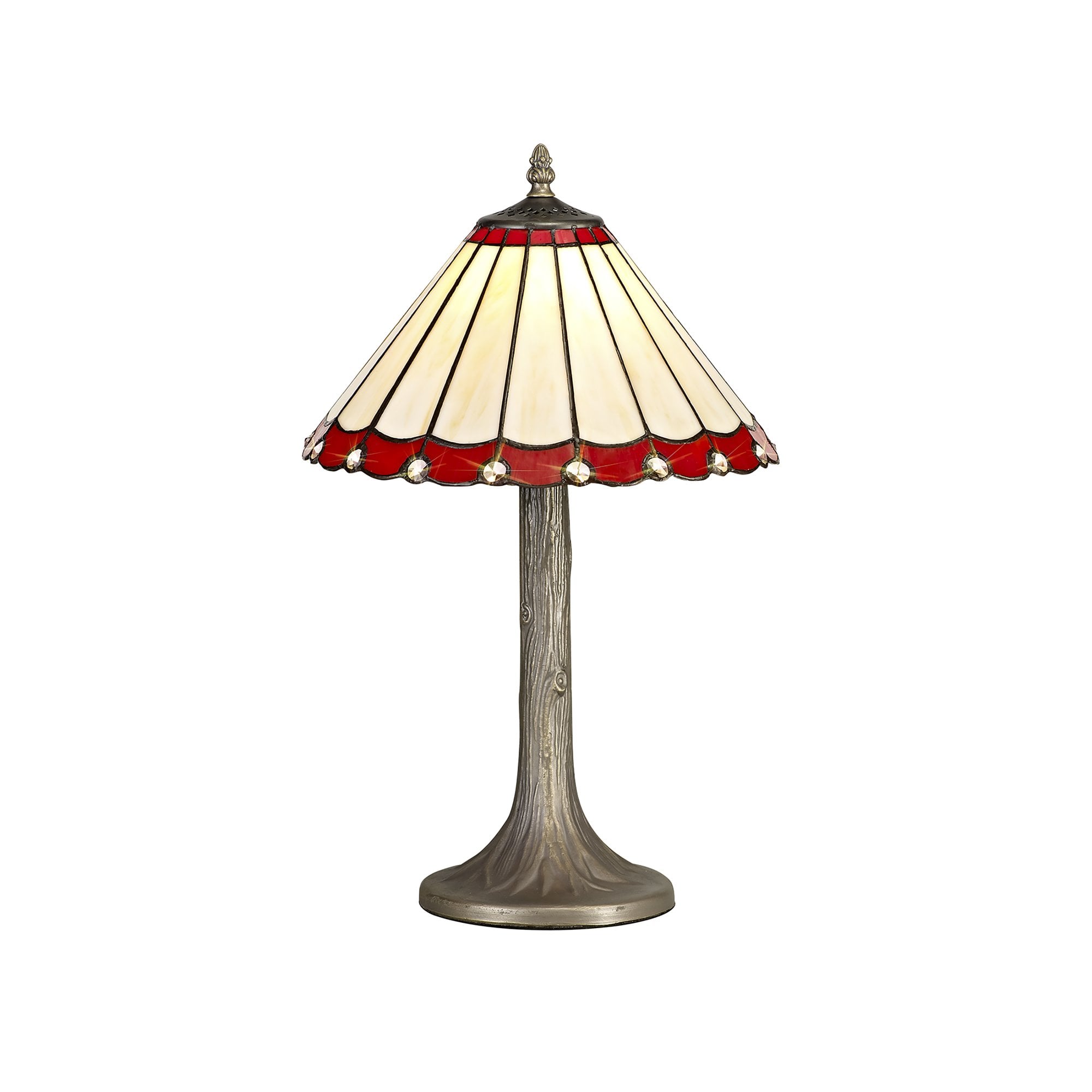 NLK02839 Umbrian 1 Light Tree Like Table Lamp With 30cm Tiffany Shade Red/Chrome/Crystal/Aged Antique Brass