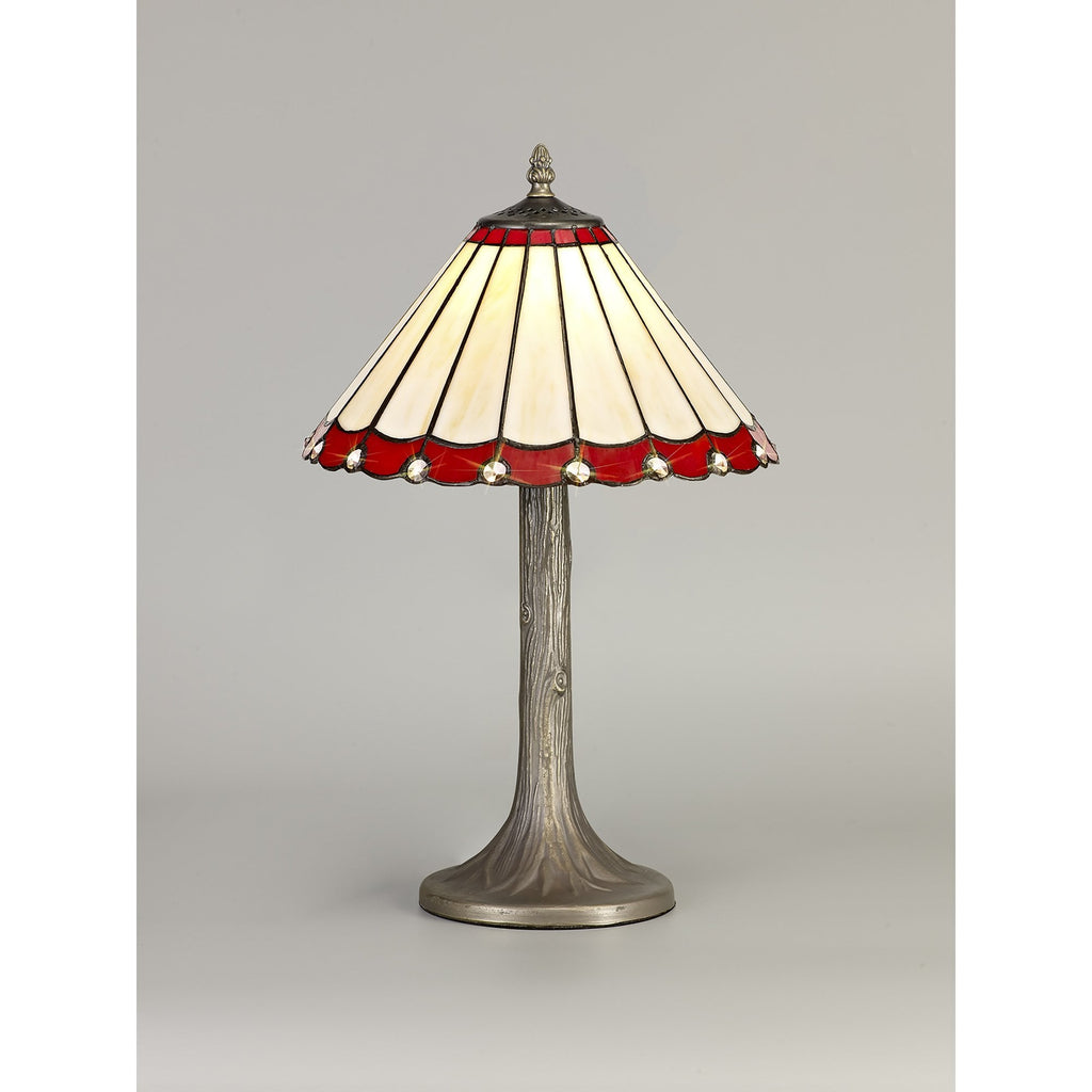 NLK02839 Umbrian 1 Light Tree Like Table Lamp With 30cm Tiffany Shade Red/Chrome/Crystal/Aged Antique Brass
