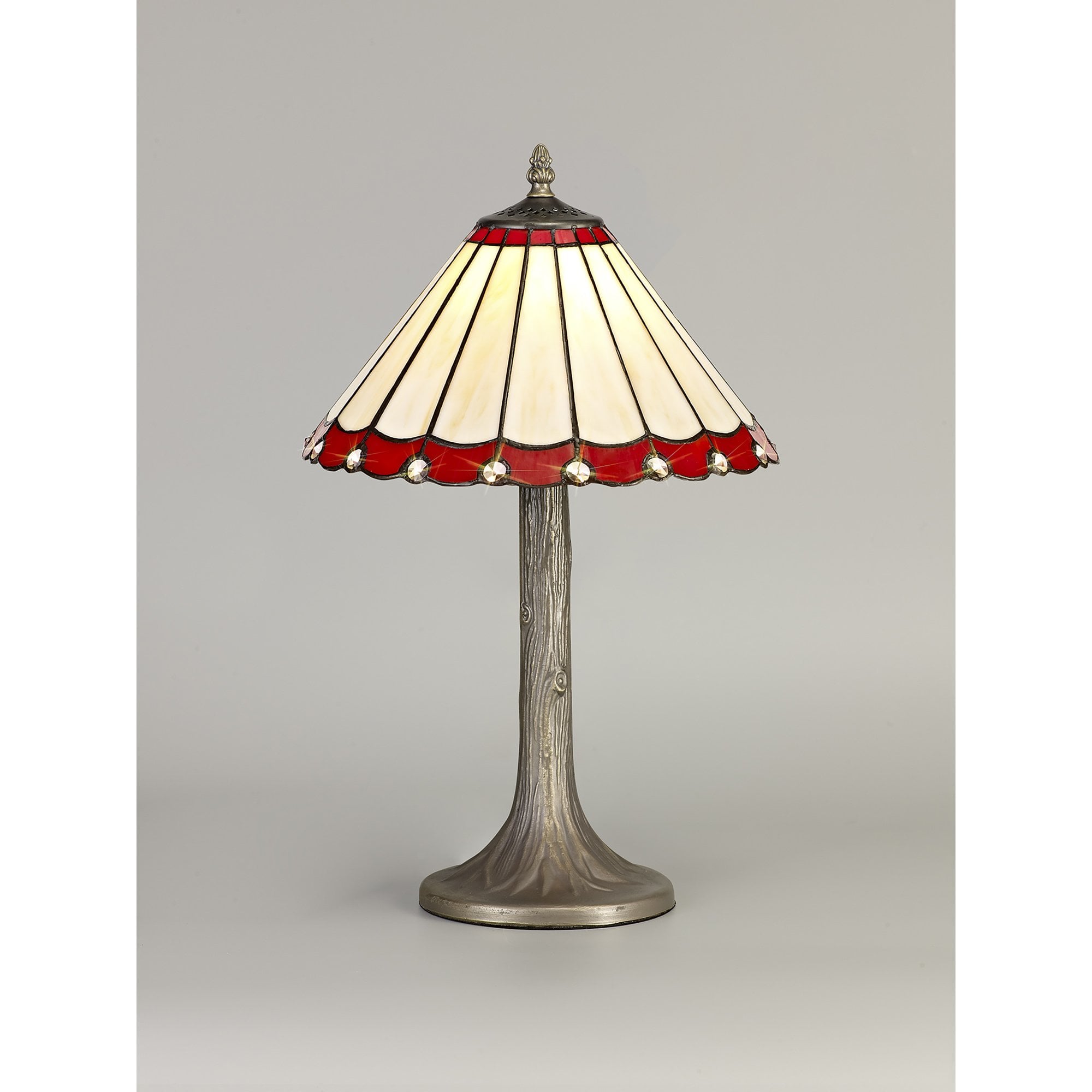 NLK02839 Umbrian 1 Light Tree Like Table Lamp With 30cm Tiffany Shade Red/Chrome/Crystal/Aged Antique Brass