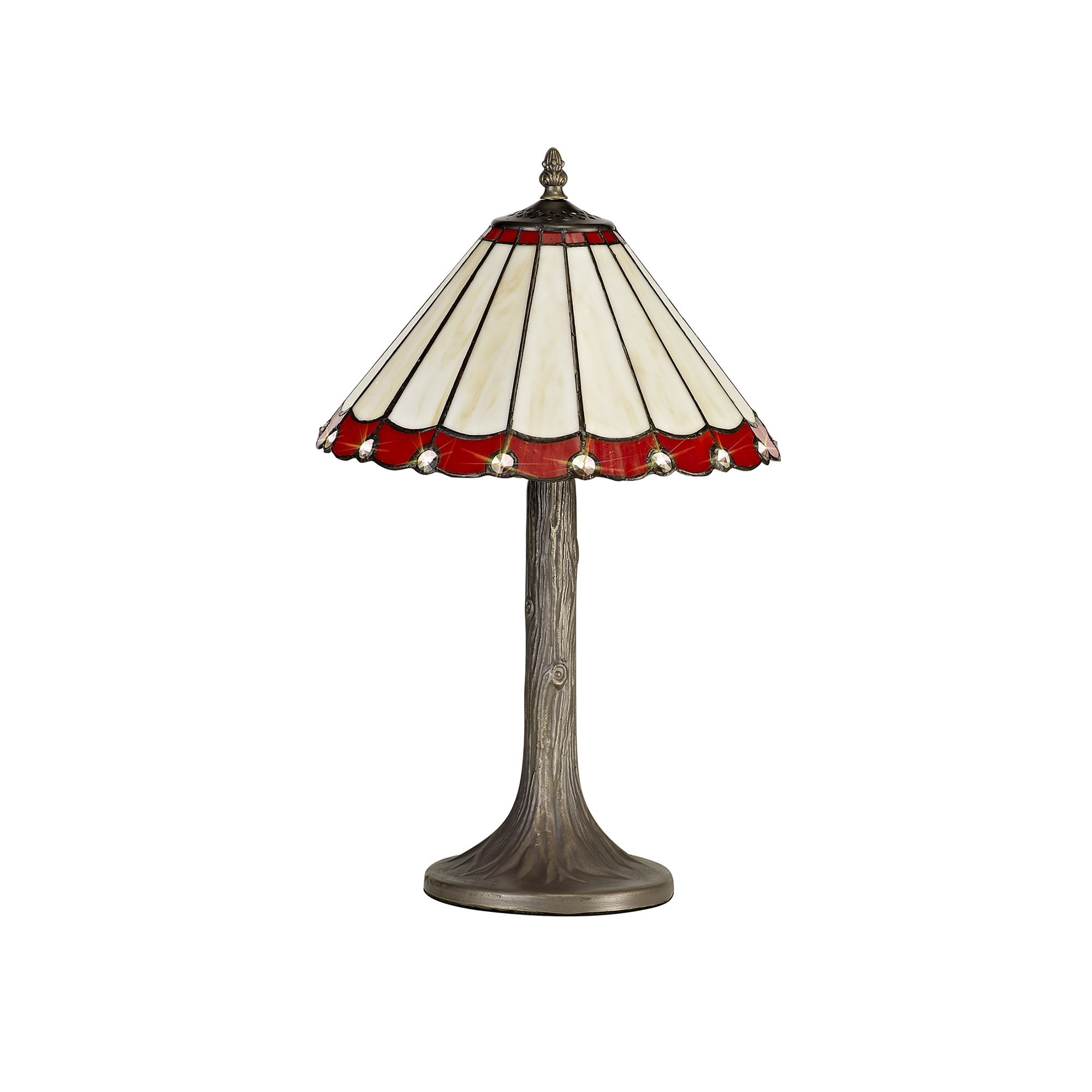 NLK02839 Umbrian 1 Light Tree Like Table Lamp With 30cm Tiffany Shade Red/Chrome/Crystal/Aged Antique Brass