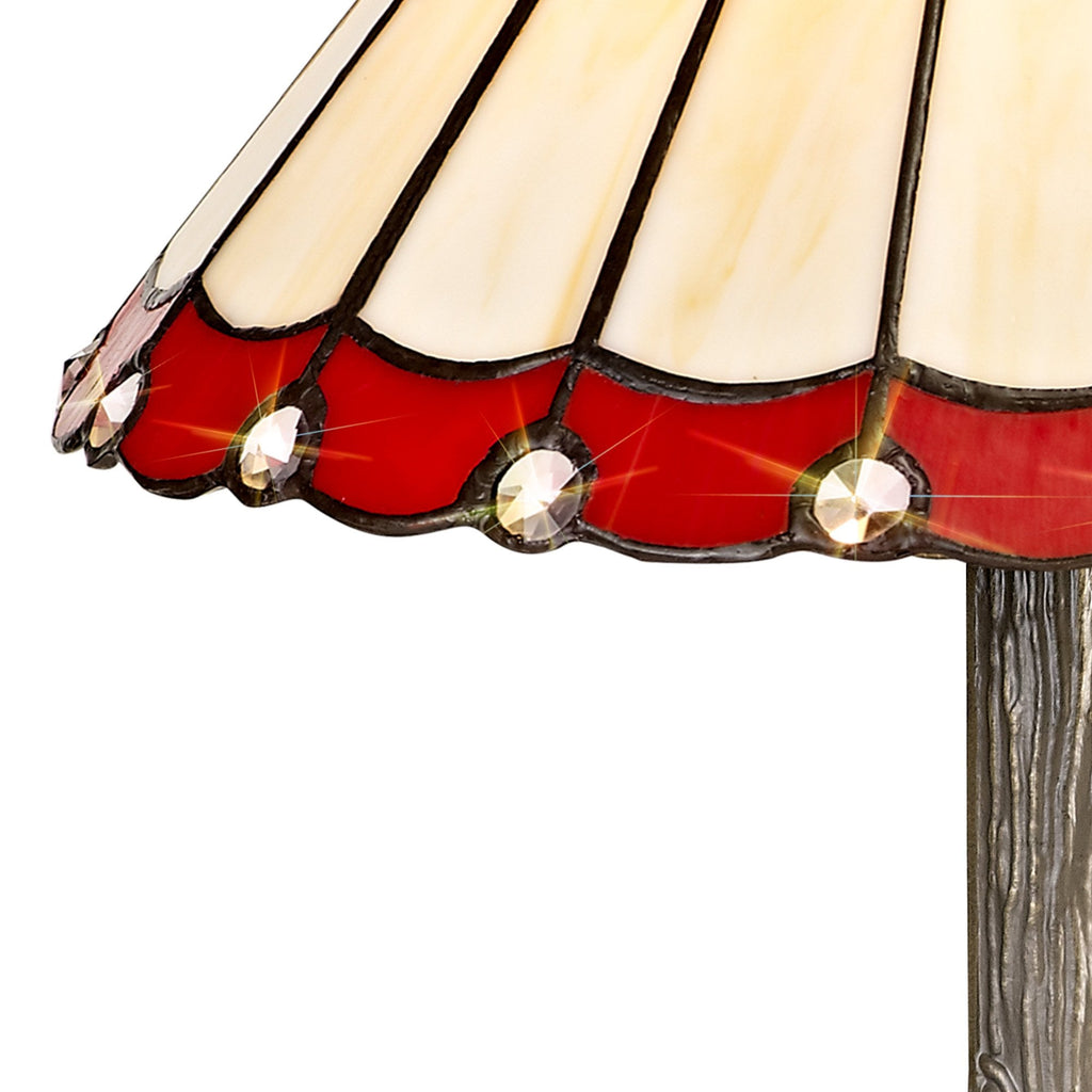 NLK02839 Umbrian 1 Light Tree Like Table Lamp With 30cm Tiffany Shade Red/Chrome/Crystal/Aged Antique Brass
