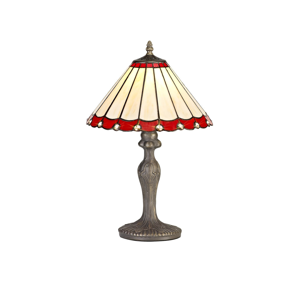 NLK02849 Umbrian 1 Light Curved Table Lamp With 30cm Tiffany Shade Red/Chrome/Crystal/Aged Antique Brass
