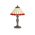 NLK02849 Umbrian 1 Light Curved Table Lamp With 30cm Tiffany Shade Red/Chrome/Crystal/Aged Antique Brass