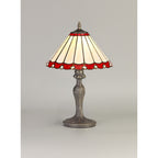 NLK02849 Umbrian 1 Light Curved Table Lamp With 30cm Tiffany Shade Red/Chrome/Crystal/Aged Antique Brass