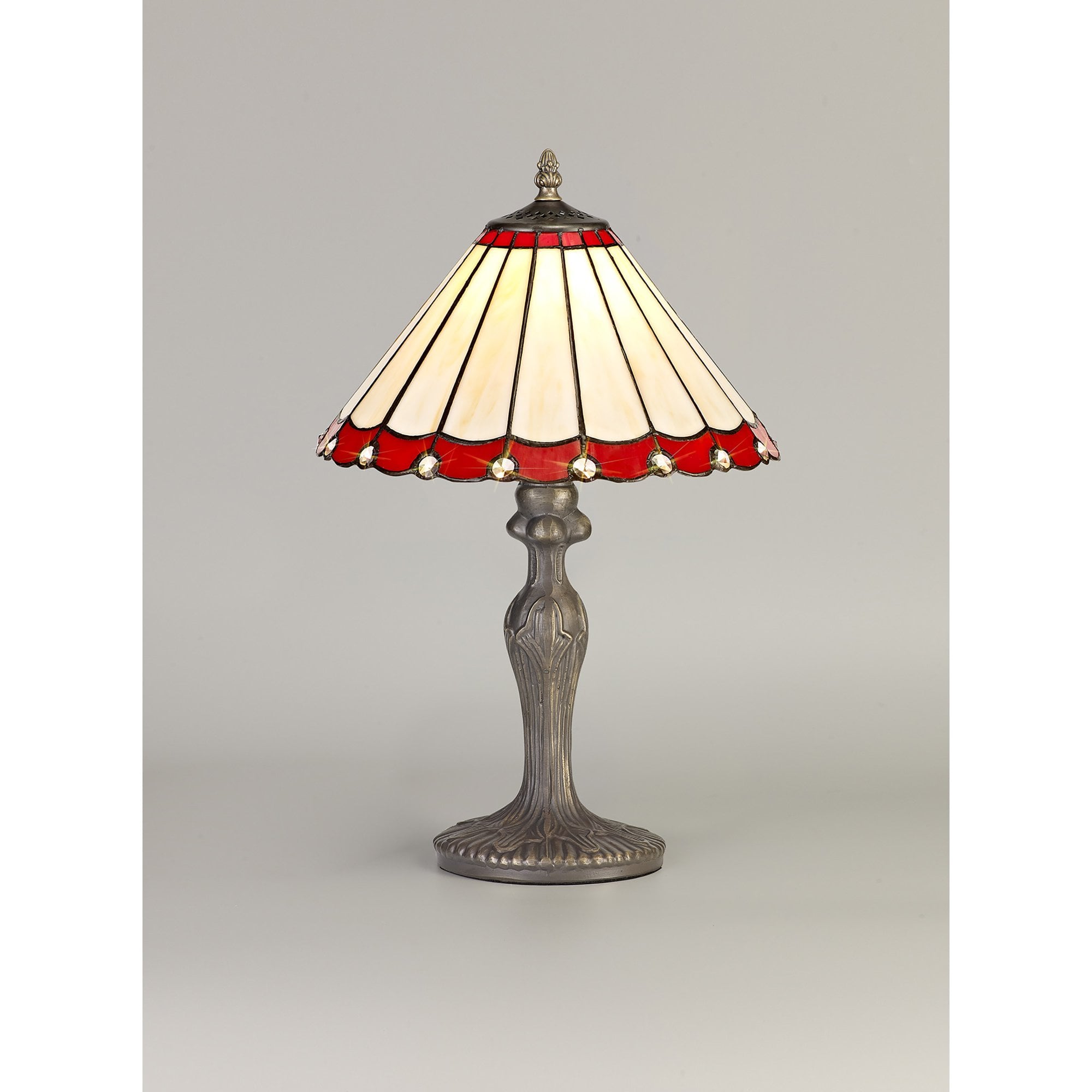 NLK02849 Umbrian 1 Light Curved Table Lamp With 30cm Tiffany Shade Red/Chrome/Crystal/Aged Antique Brass