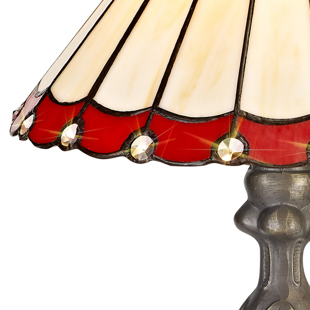 NLK02849 Umbrian 1 Light Curved Table Lamp With 30cm Tiffany Shade Red/Chrome/Crystal/Aged Antique Brass