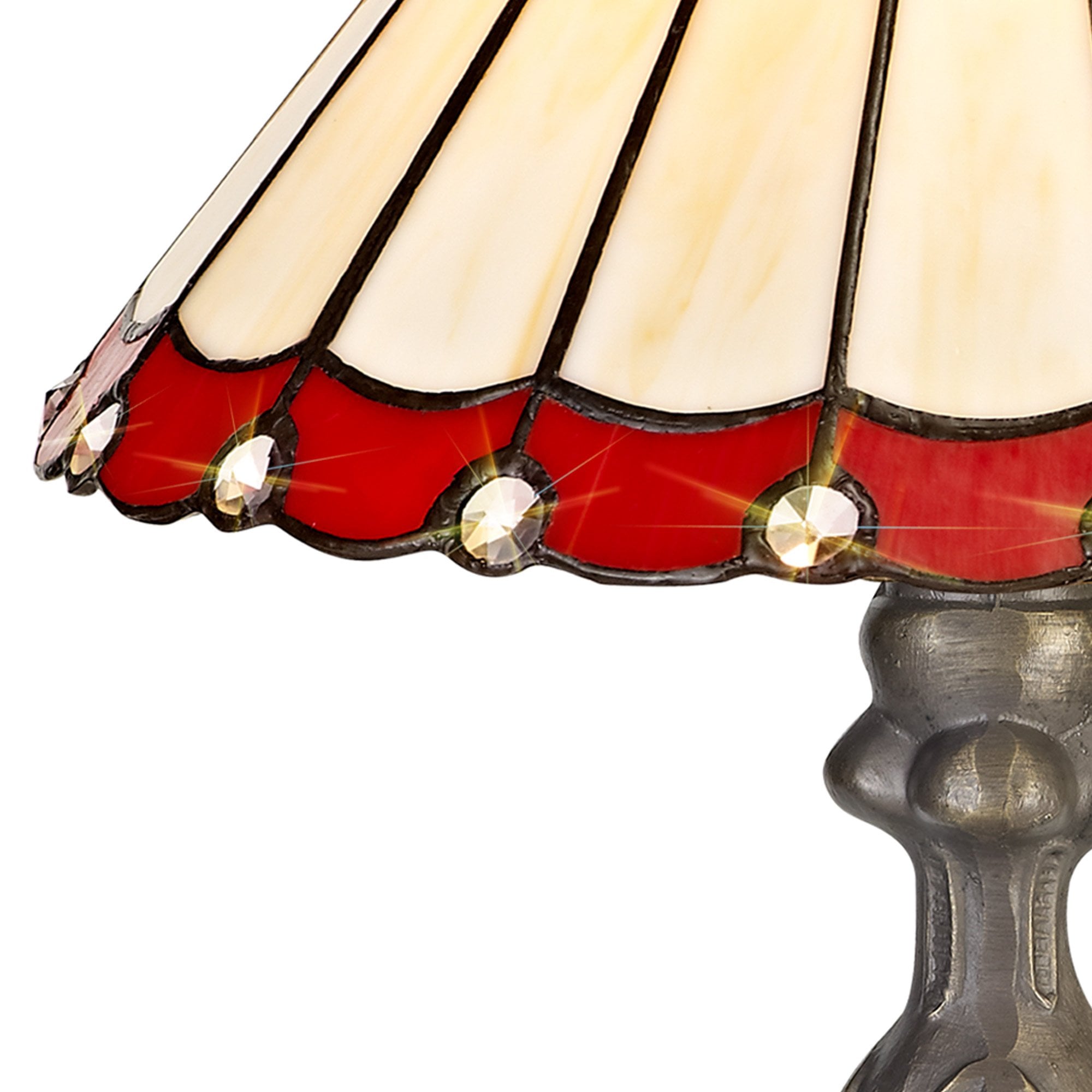NLK02849 Umbrian 1 Light Curved Table Lamp With 30cm Tiffany Shade Red/Chrome/Crystal/Aged Antique Brass