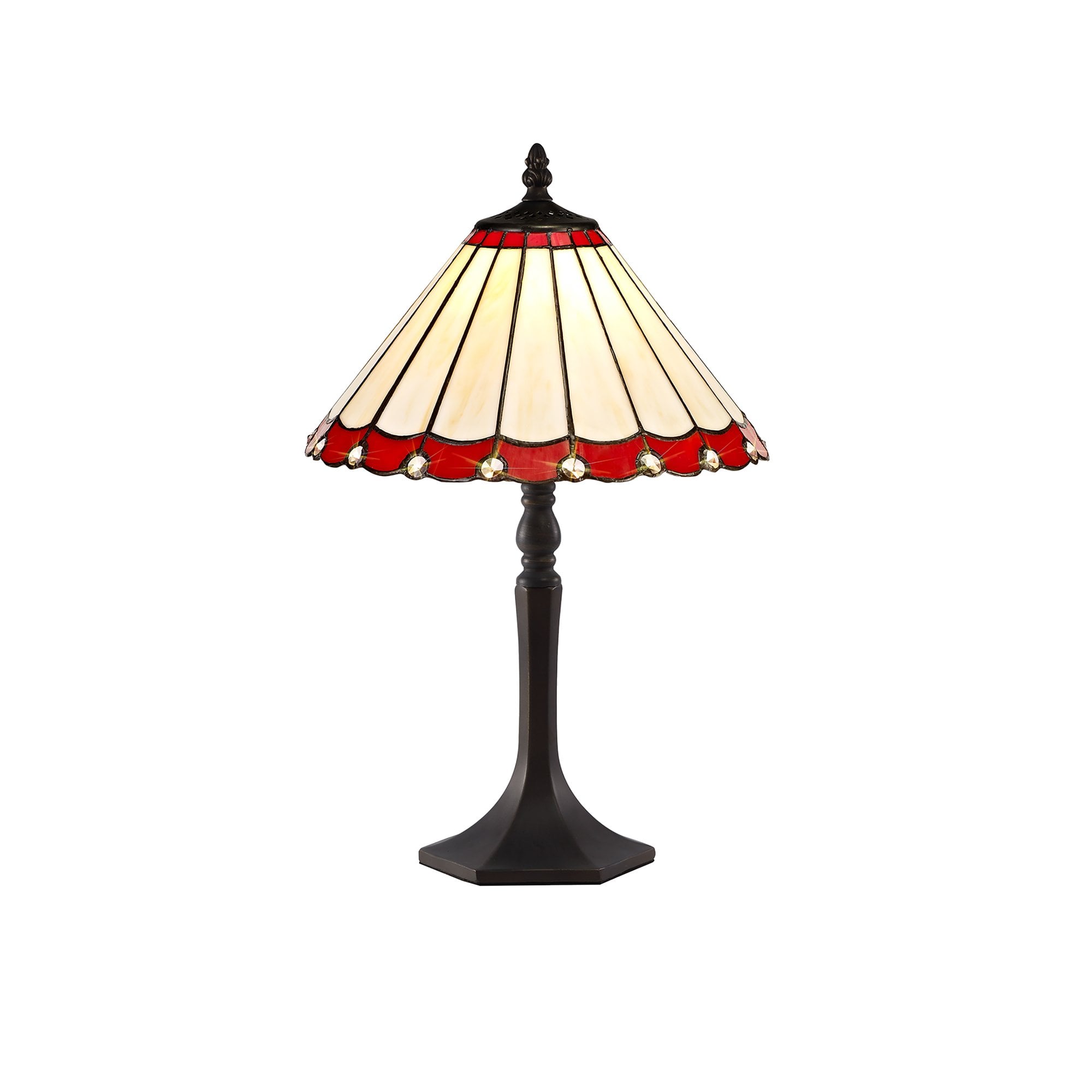 NLK02859 Umbrian 1 Light Octagonal Table Lamp With 30cm Tiffany Shade Red/Chrome/Crystal/Aged Antique Brass
