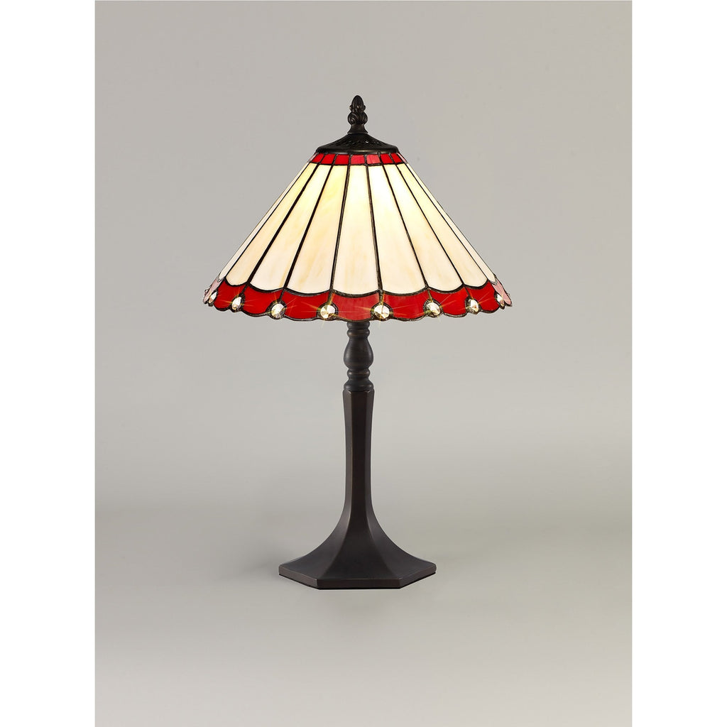 NLK02859 Umbrian 1 Light Octagonal Table Lamp With 30cm Tiffany Shade Red/Chrome/Crystal/Aged Antique Brass