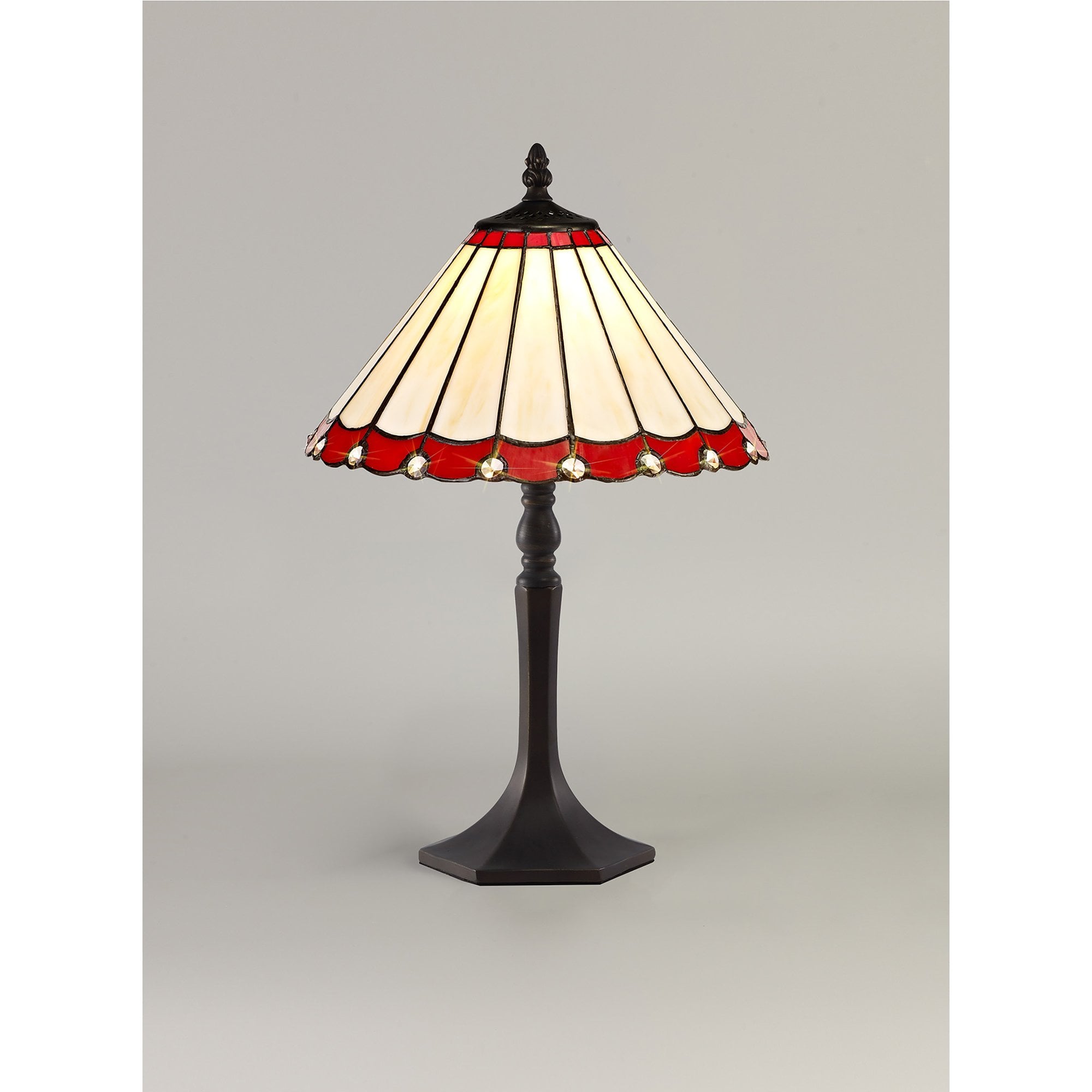 NLK02859 Umbrian 1 Light Octagonal Table Lamp With 30cm Tiffany Shade Red/Chrome/Crystal/Aged Antique Brass
