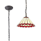 NLK02869 Umbrian 1 Light Down Lighter Pendant With 30cm Tiffany Shade Red/Chrome/Crystal/Aged Antique Brass