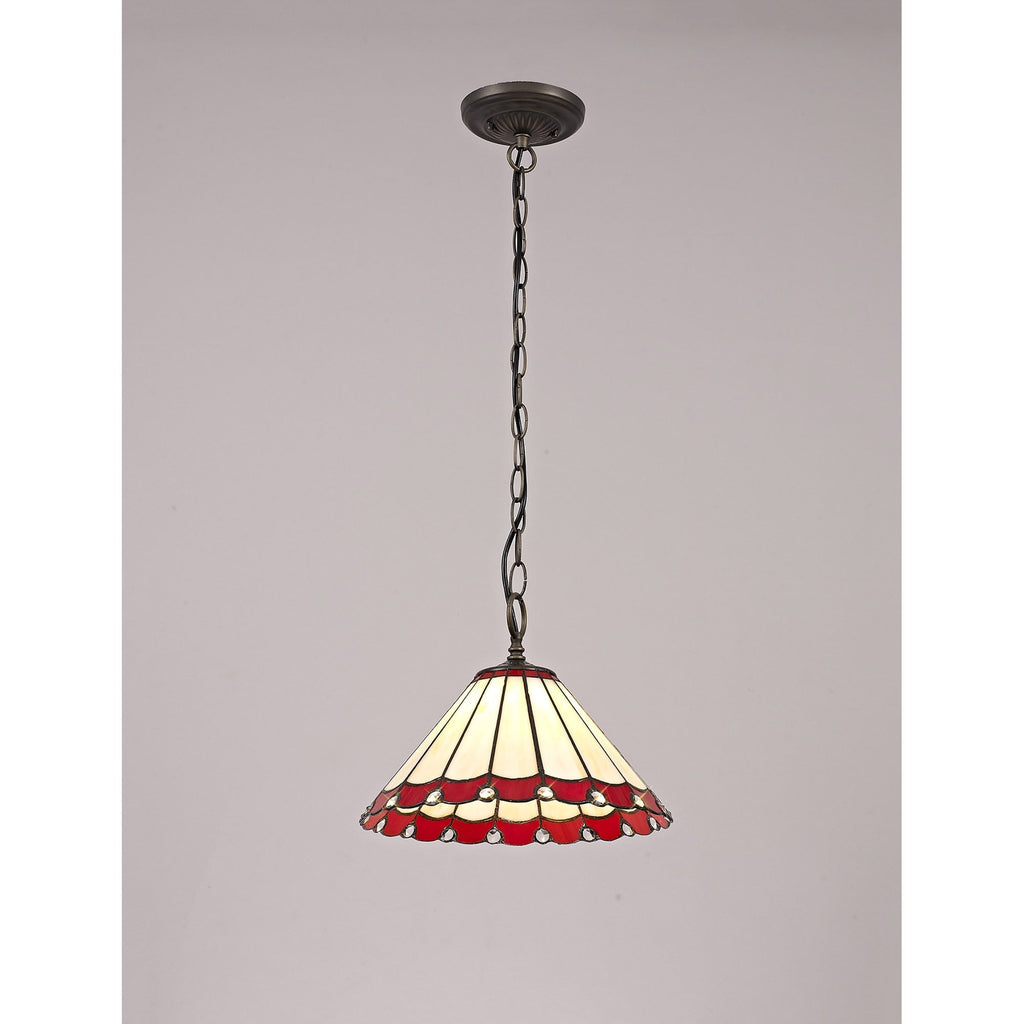 NLK02869 Umbrian 1 Light Down Lighter Pendant With 30cm Tiffany Shade Red/Chrome/Crystal/Aged Antique Brass