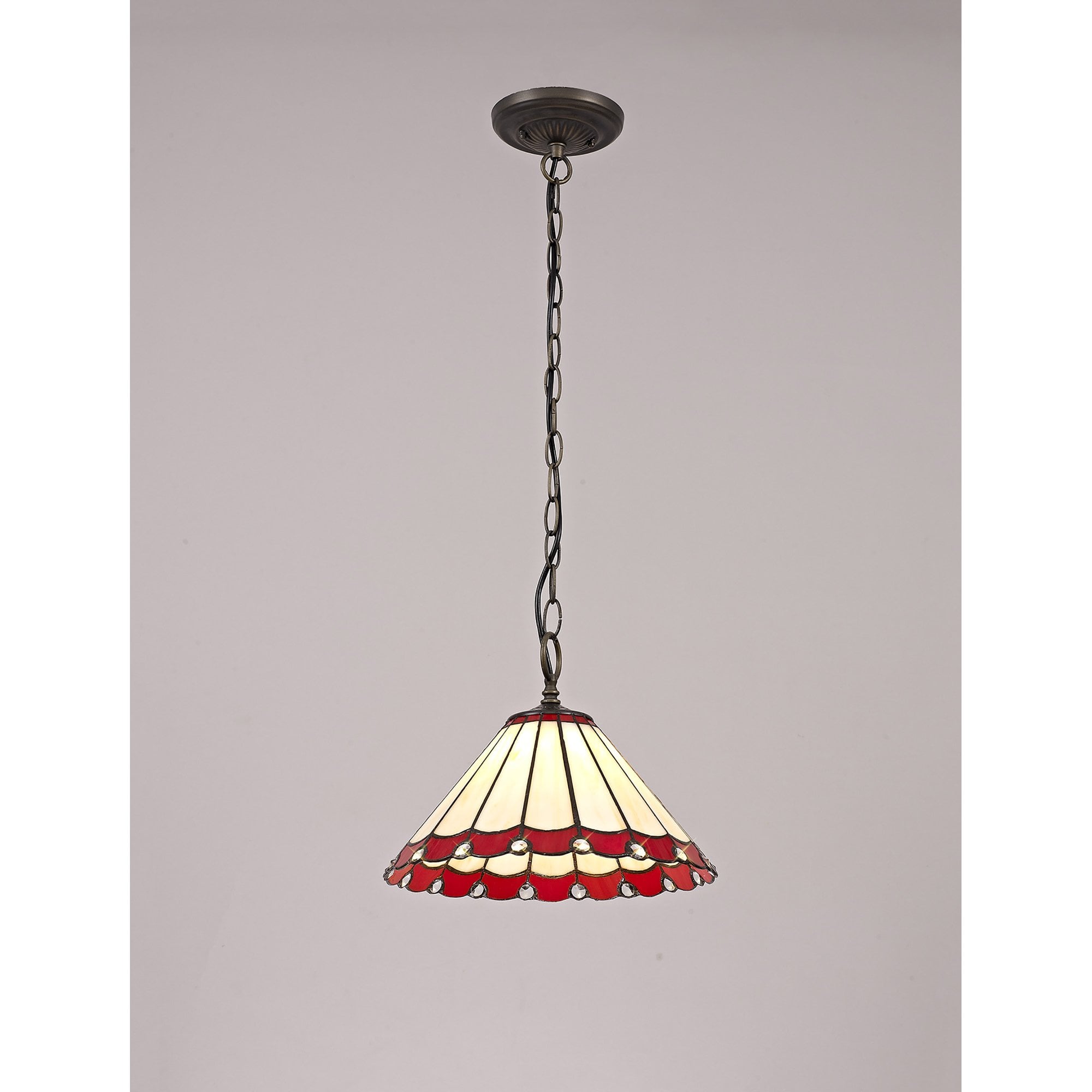 NLK02869 Umbrian 1 Light Down Lighter Pendant With 30cm Tiffany Shade Red/Chrome/Crystal/Aged Antique Brass