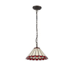 NLK02869 Umbrian 1 Light Down Lighter Pendant With 30cm Tiffany Shade Red/Chrome/Crystal/Aged Antique Brass