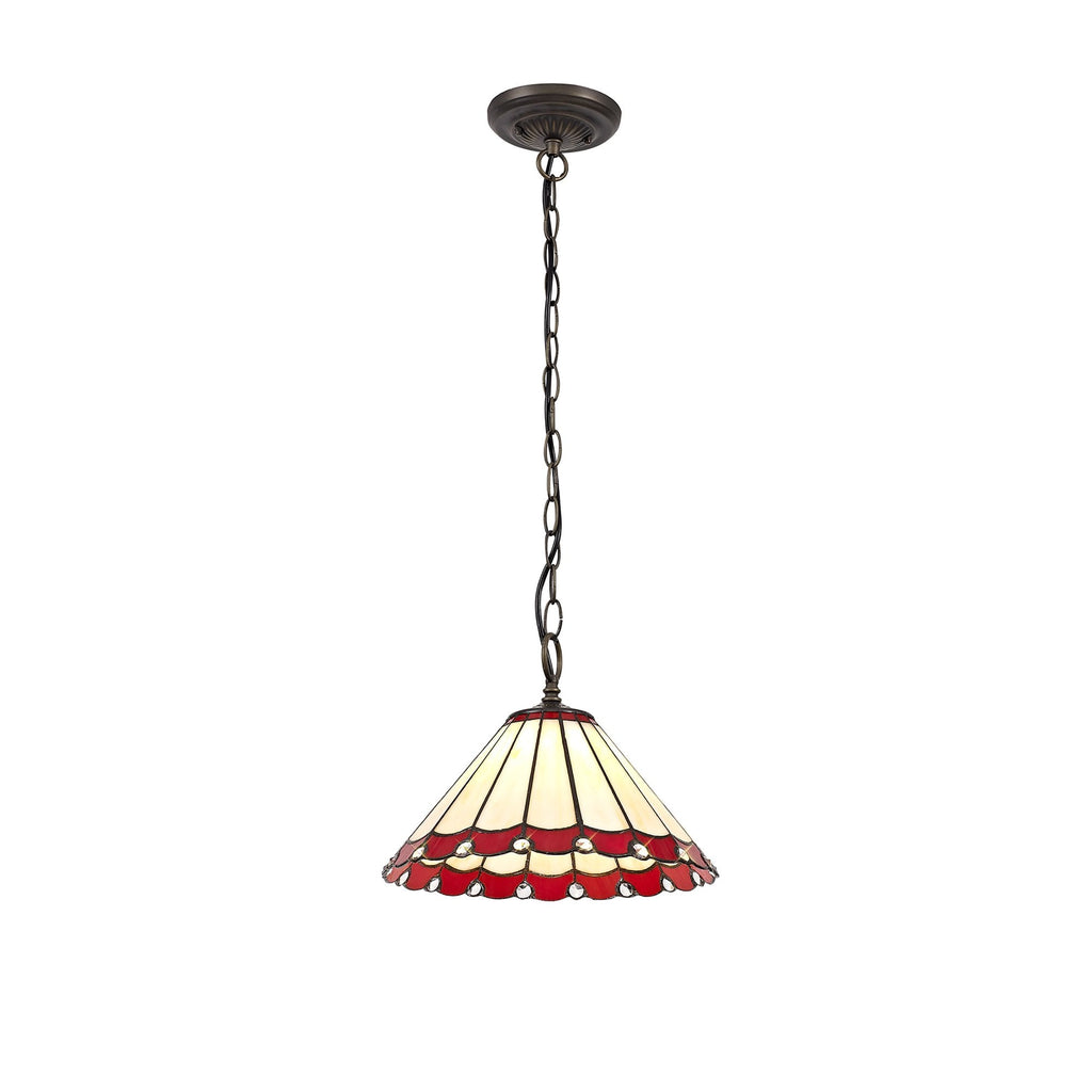 NLK02869 Umbrian 1 Light Down Lighter Pendant With 30cm Tiffany Shade Red/Chrome/Crystal/Aged Antique Brass
