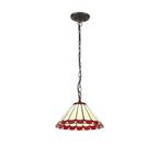 NLK02869 Umbrian 1 Light Down Lighter Pendant With 30cm Tiffany Shade Red/Chrome/Crystal/Aged Antique Brass
