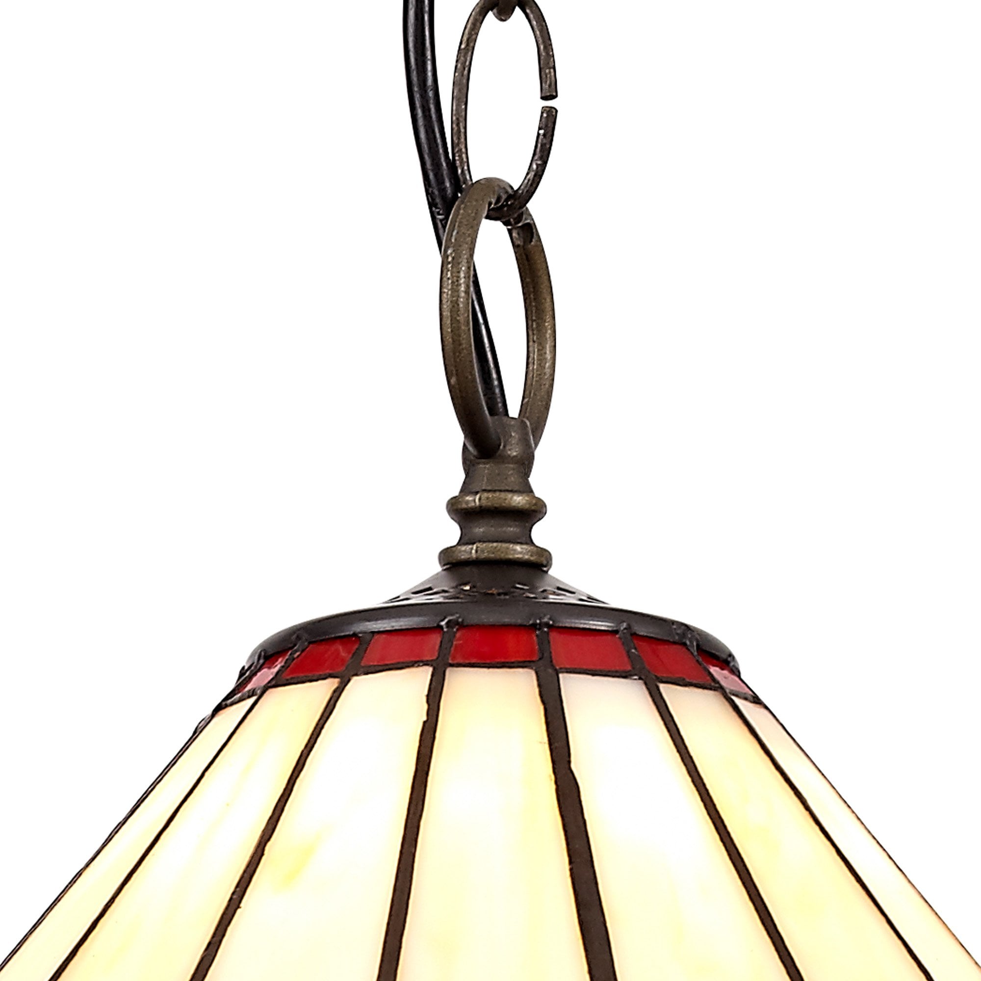 NLK02869 Umbrian 1 Light Down Lighter Pendant With 30cm Tiffany Shade Red/Chrome/Crystal/Aged Antique Brass