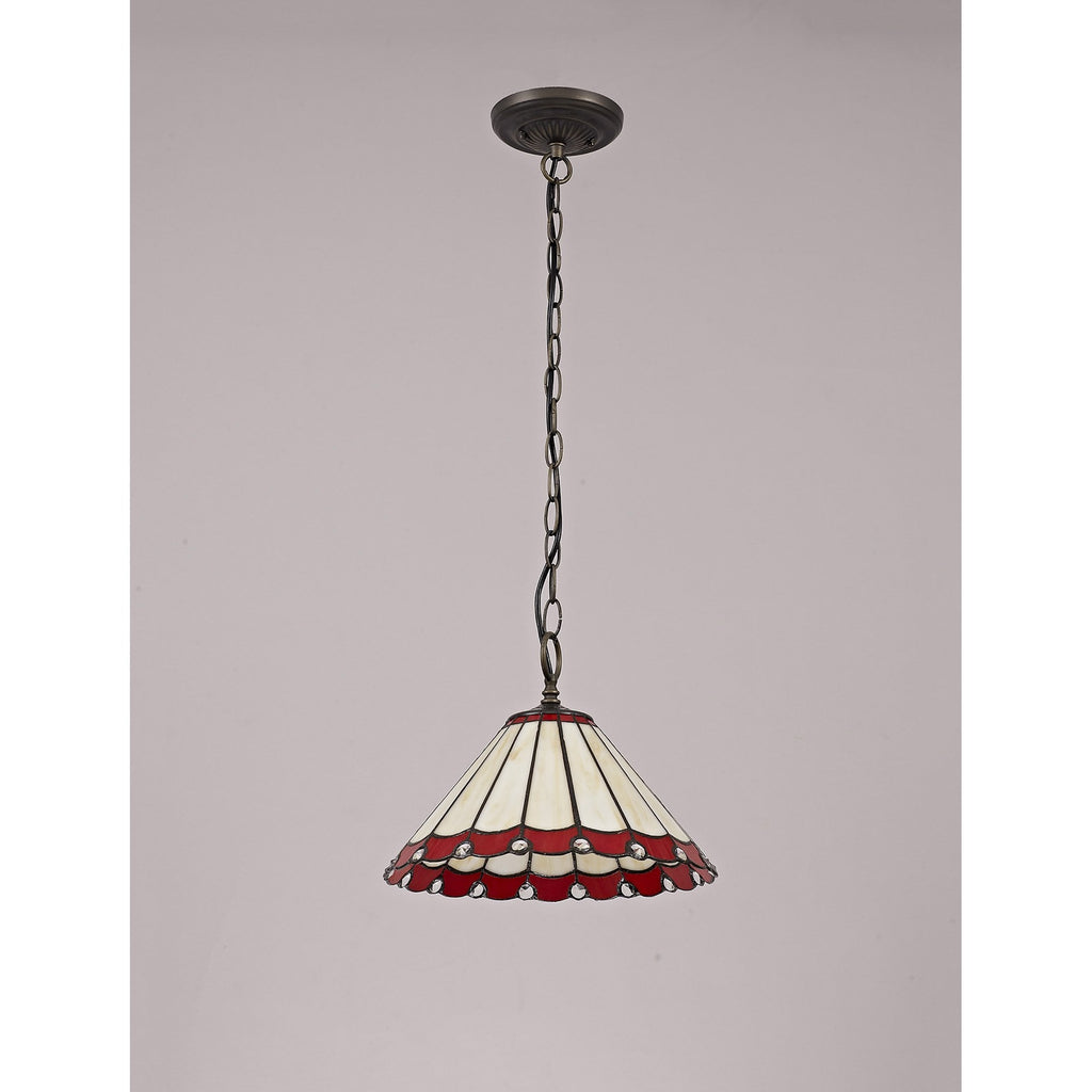 NLK02869 Umbrian 1 Light Down Lighter Pendant With 30cm Tiffany Shade Red/Chrome/Crystal/Aged Antique Brass