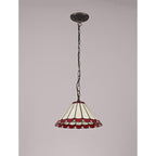 NLK02869 Umbrian 1 Light Down Lighter Pendant With 30cm Tiffany Shade Red/Chrome/Crystal/Aged Antique Brass