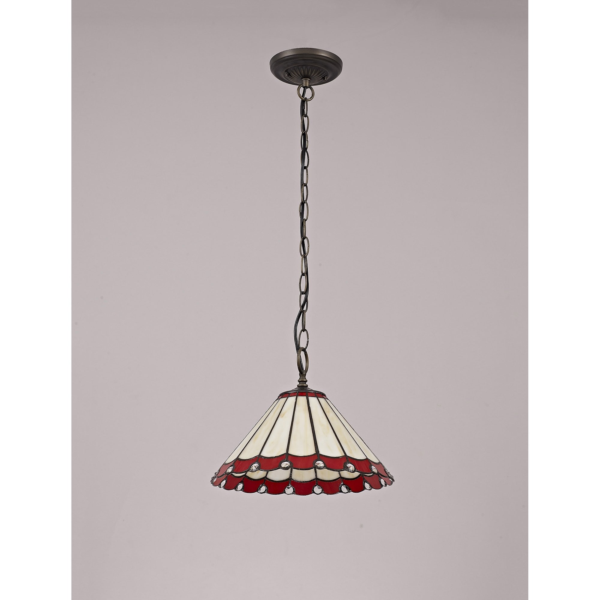 NLK02869 Umbrian 1 Light Down Lighter Pendant With 30cm Tiffany Shade Red/Chrome/Crystal/Aged Antique Brass