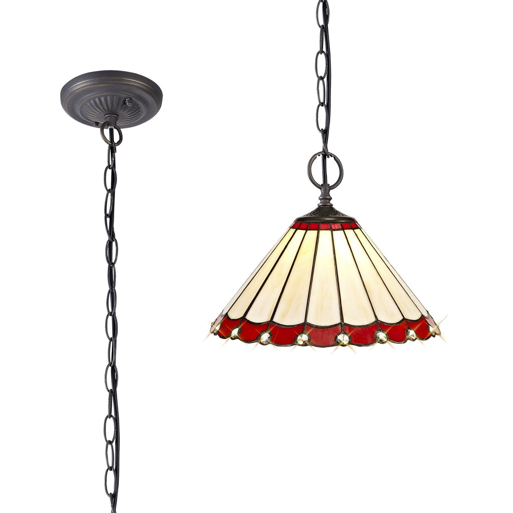 NLK02879 Umbrian 2 Light Down Lighter Pendant With 30cm Tiffany Shade Red/Chrome/Crystal/Aged Antique Brass